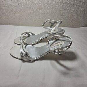 Dyeables Celine White Satin Rhinestone Strappy Kitten Heel Sandals 7.5B